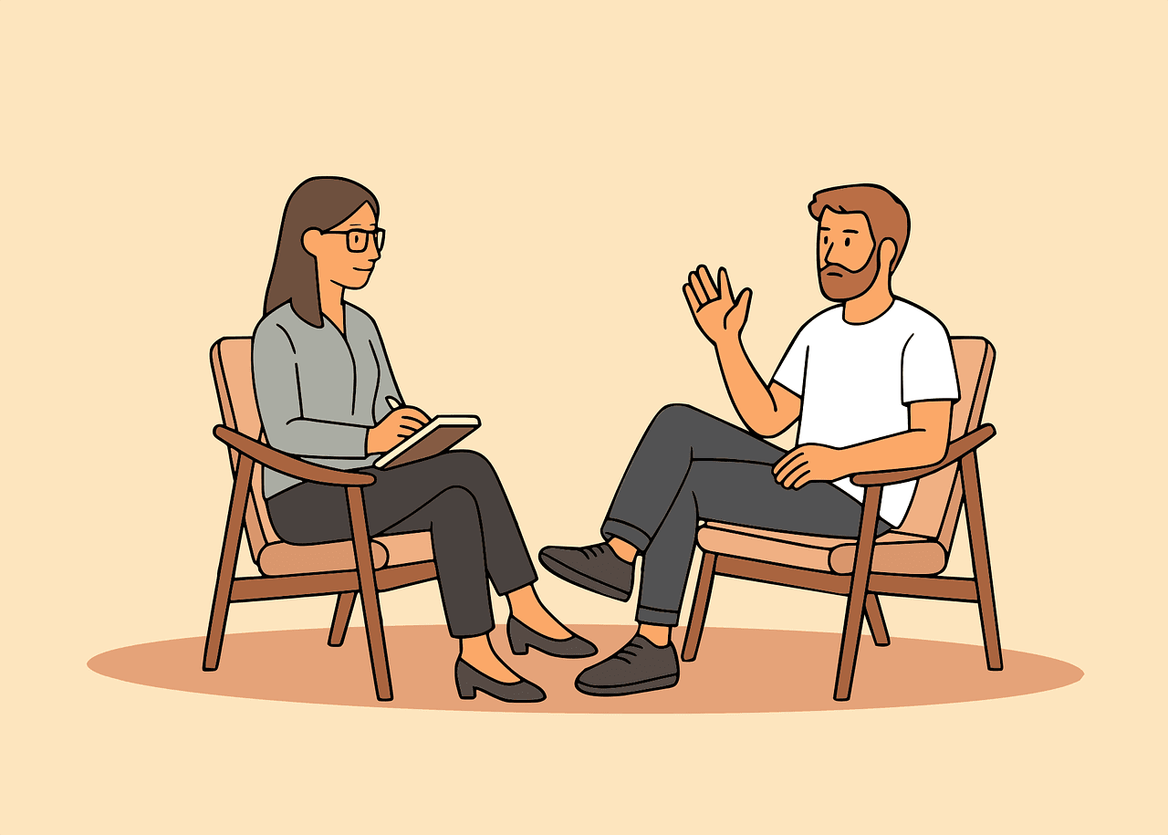 Depression Counseling Illustration of a patient and clinician talking in a consultation